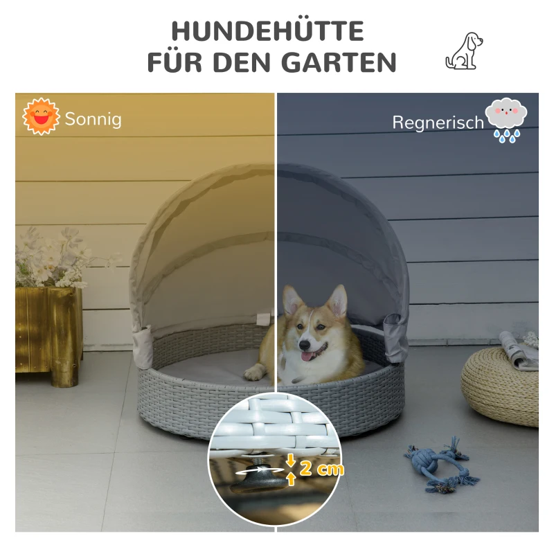 PawHut Rattan Hundehütte mit Kissen Hundehaus Haustierbett Hundebett Hundematratze Hundekorb Hundesofa Hunde Katzen Outdoor Grau 76 x 76 x 60 cm