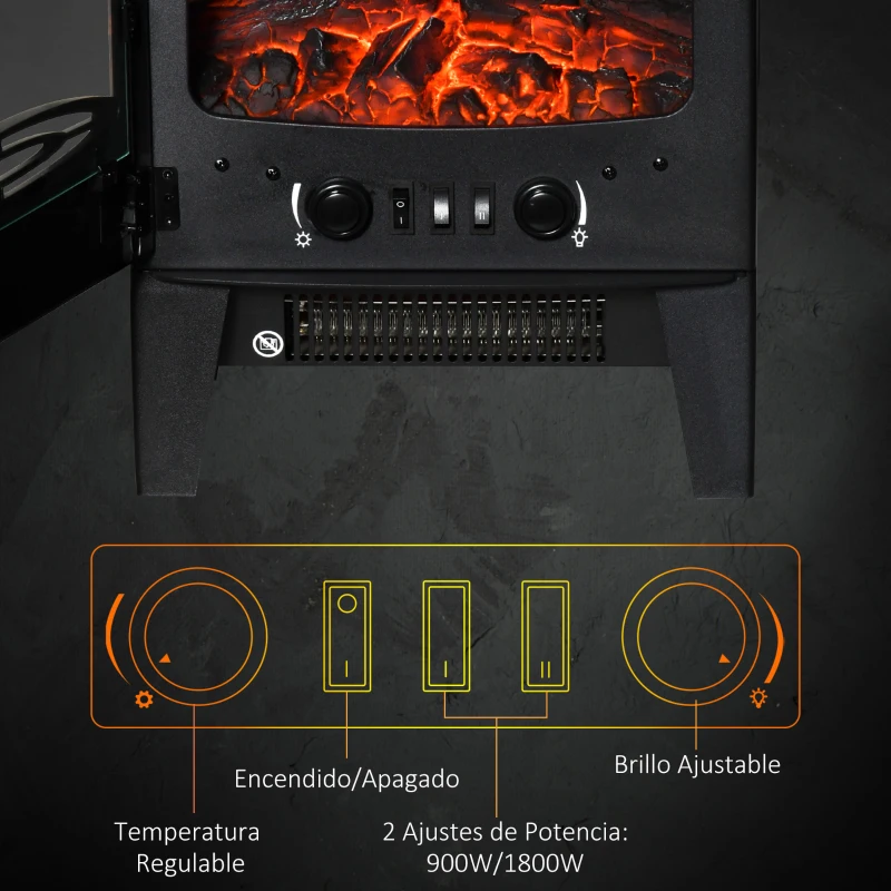 HOMCOM Chimenea Eléctrica 900W/1800W con Efecto de Llama Temperatura Ajustable y Protección Sobrecalentamiento Negro