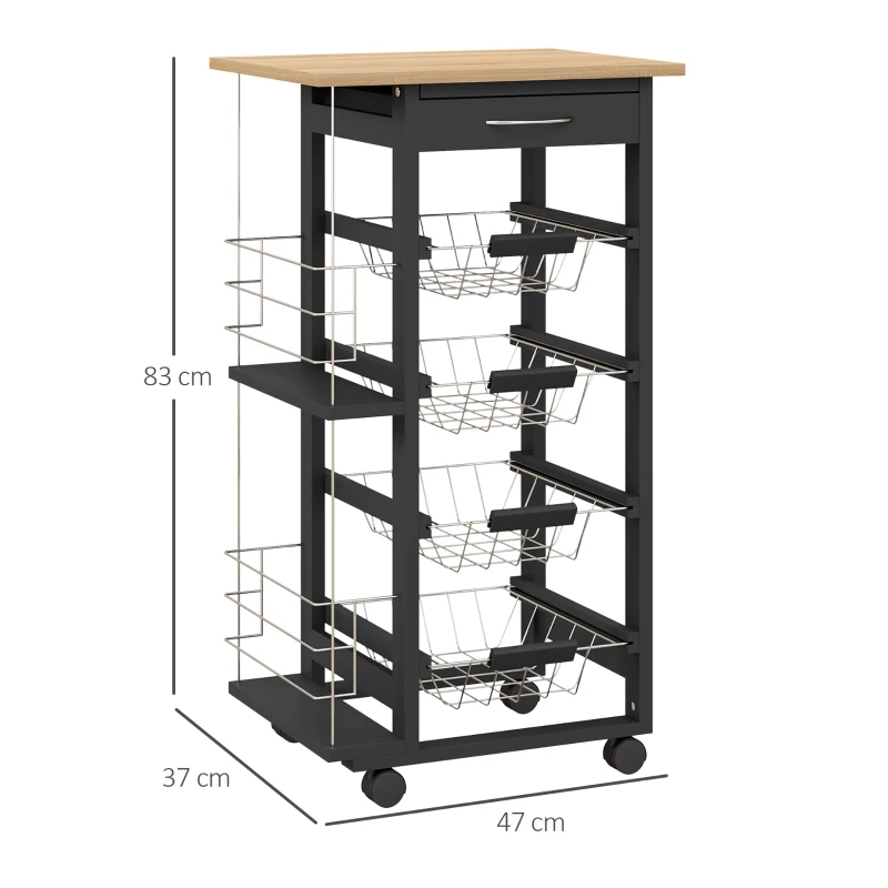 HOMCOM Carrito de Cocina con Ruedas Carrito Multiusos con Cajón 4 Cestas Extraíbles de Metal y Bastidores 47x37x83 cm Negro