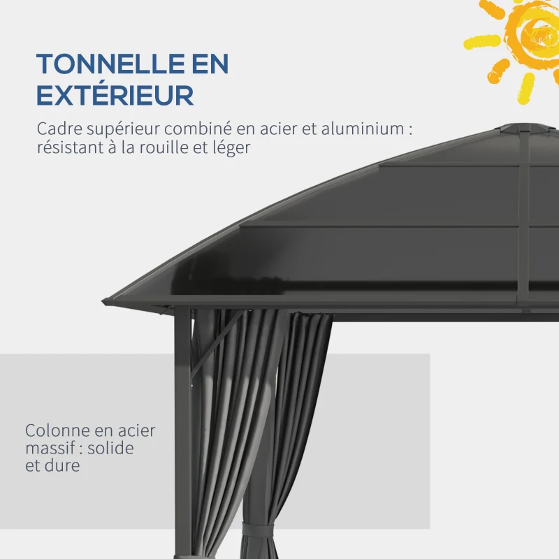 Outsunny Tonnelle de jardin structure aluminium toit polycarbonate imperméable UV 60+ parois latéraux 3 x 3 m gris foncé