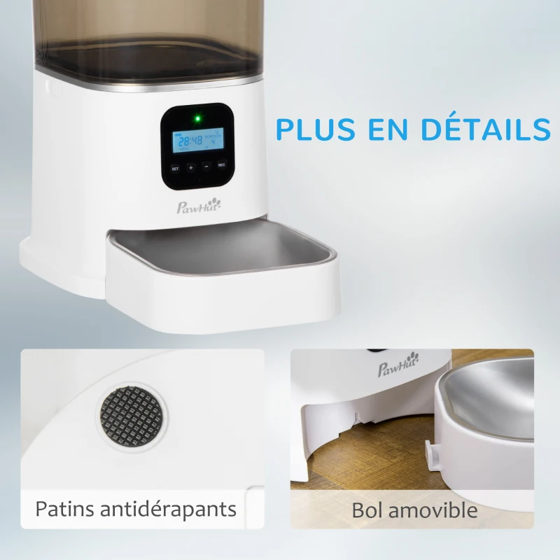 PawHut Distributeur 6L automatique de croquettes pour chien chat programmable avec Bol en Acier Inoxydable 4 repas - réservoir avec enregistrement vocal