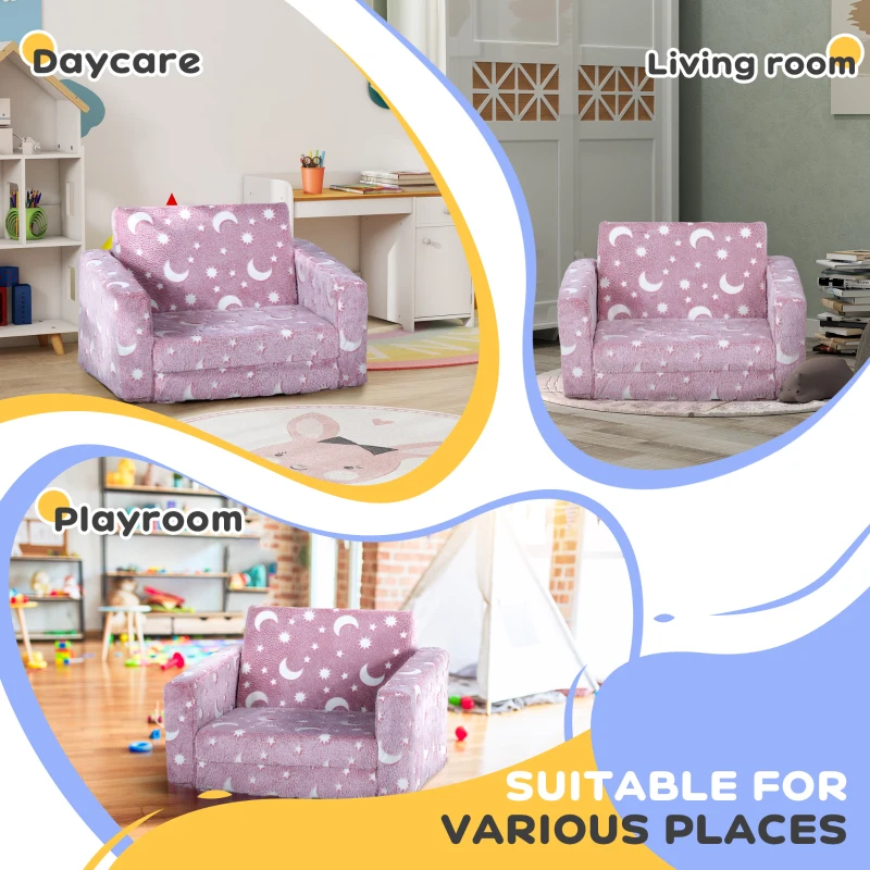 AIYAPLAY 2 in 1 Kids Folding Bed Armchair with Glow in The Dark Cosmic Design, Washable Cushion and Cover, Pink