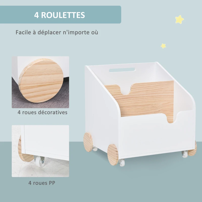 HOMCOM Coffre à jouet roulant - bac à jouet - chariot à jouet - 4 roulettes, 2 compartiments, poignée - dim. 40L x 43l x 43H cm - MDF blanc pin