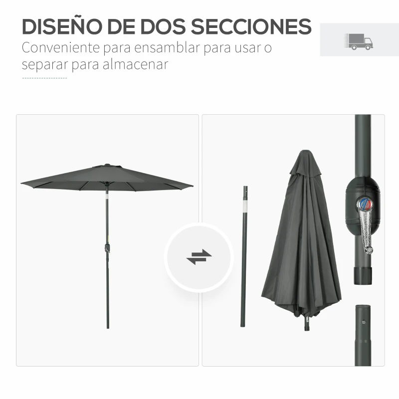 Outsunny Parasol de Jardín de Aluminio  Ø264x253 cm con Ángulo Ajustable Protección UV 50+ Manivela Gris