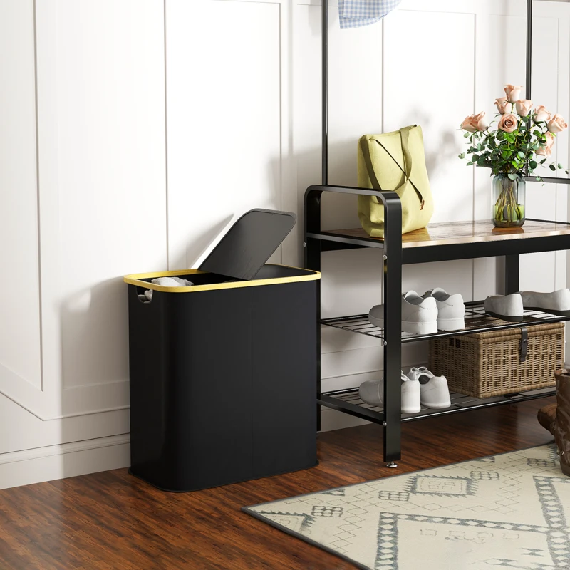 HOMCOM Coș pentru Rufe de 80L cu 2 Secțiuni și Capac din Material Textil și Bambus, 54x34x58,5 cm, Negru