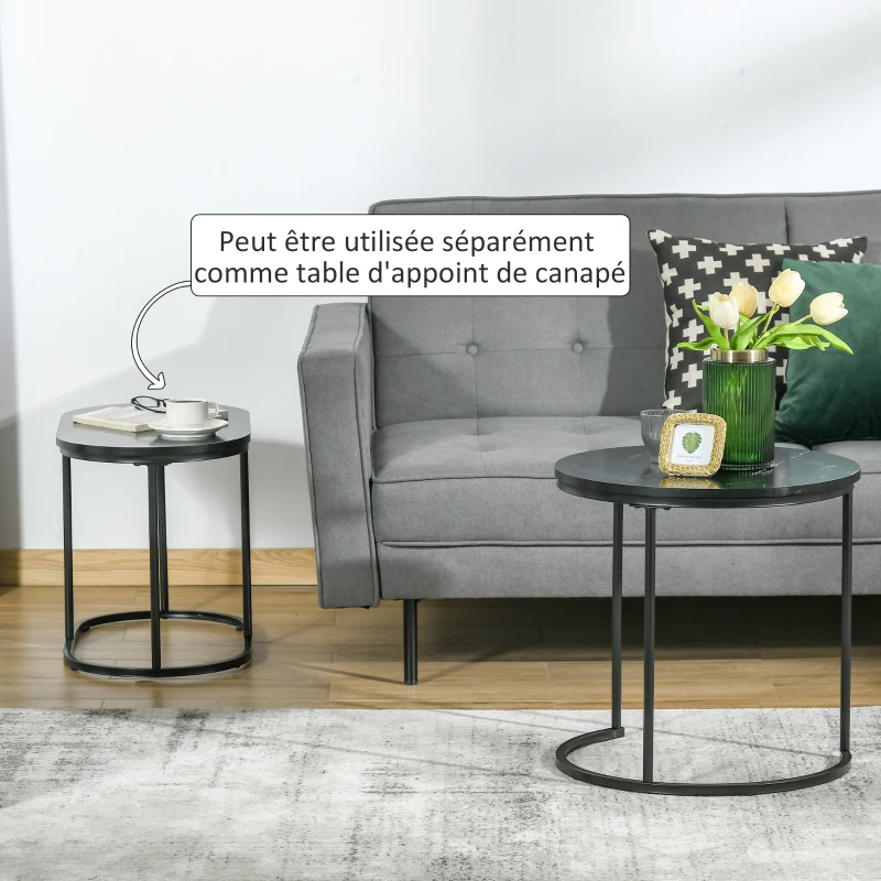 HOMCOM Lot de 2 tables basses tables d'appoint gigognes en acier et plateau MDF aspect marbre - table ronde et ovale - noir