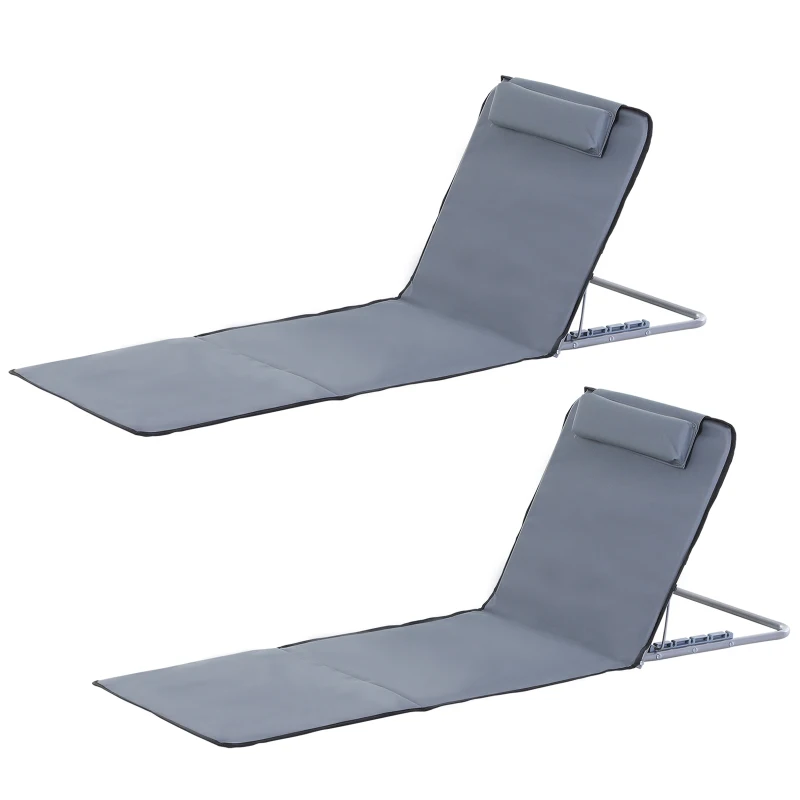Outsunny Set of 2 Foldable Garden Beach Chair Mat Lightweight Outdoor Sun Lounger Seats Adjustable Back Metal Frame PE Fabric Head Pillow w/ Carry Bag,Grey