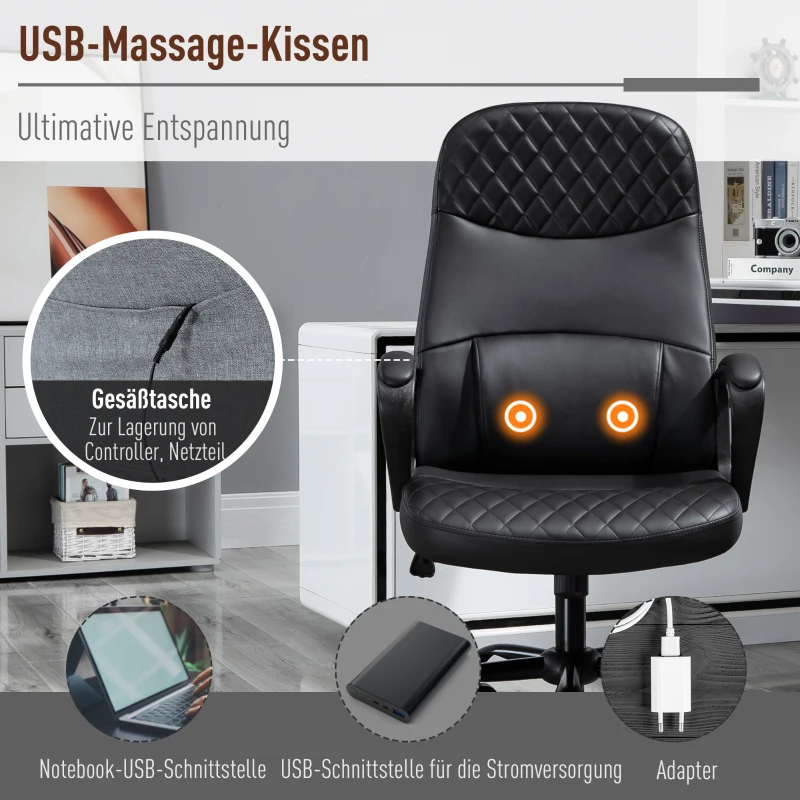 Vinsetto Bürostuhl Massage höhenverstellbarer Chefsessel Gamingstuhl mit Massagefunktion ergonomischer Drehstuhl Massage Sessel PU-Leder Stahl Schwarz 60 x 70 x 109-119 cm