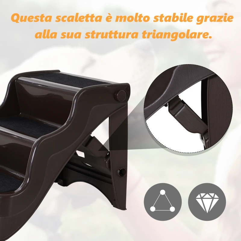 PawHut Scaletta Pieghevole per Cani e Gatti 3 Gradini Plastica PP 49 × 39 × 39cm Marrone