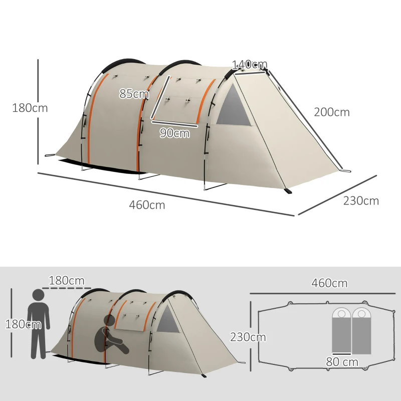 Outsunny Campingzelt für 4-5 Pers., abdunkelbare Fenster, wasserdicht, 180H x 460L x 230B cm, Khaki/Orange