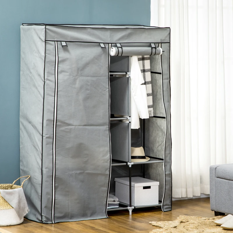 HOMCOM Armario de Tela Plegable Ropero Portátil con 8 Estantes y 2 Barras de Colgar para Dormitorio 125x43x162,5 cm Gris