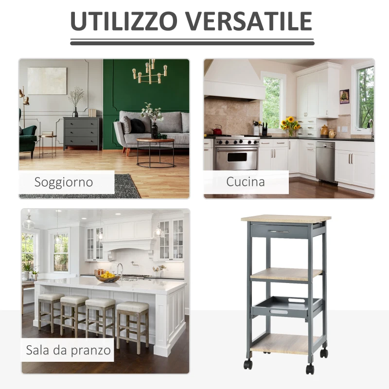 HOMCOM Carrello da Cucina Portavivande con Cassetto, 2 Ripiani e Vassoio Estraibile, 37x37x76cm, Grigio