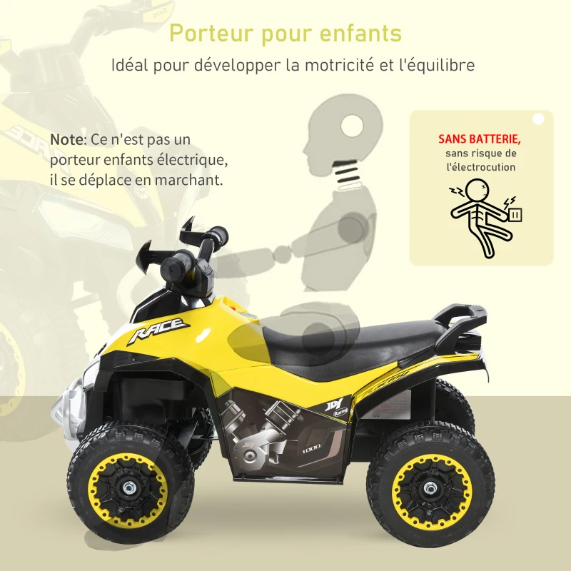 HOMCOM Porteur Enfants Quad 18-36 Mois dim. 67L x 38l x 44H cm Effets Lumineux et sonores Jaune Noir PAS ÉLECTRIQUE(m-5)