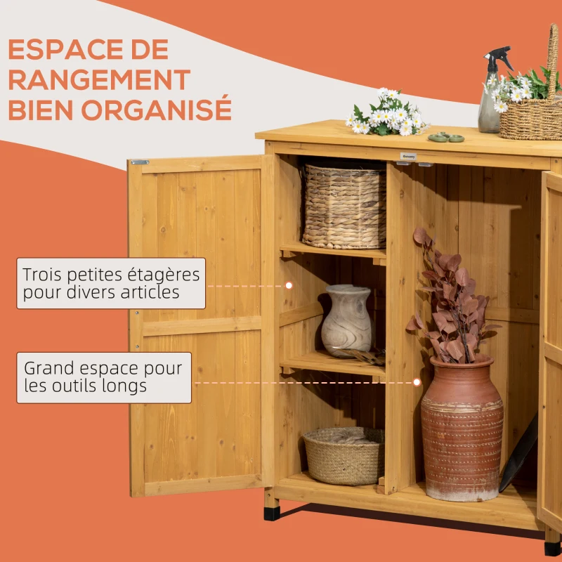 Outsunny Armoire de jardin en bois remise pour outils sur pieds avec 2 portes 2 étagères 94 x 45 x 112 cm jaune