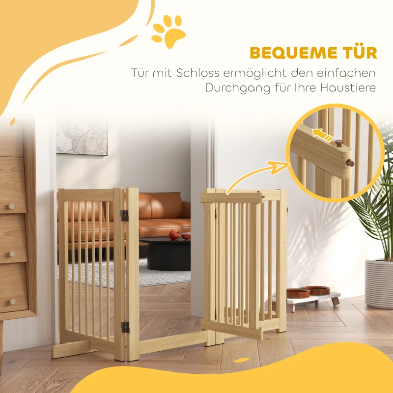 PawHut Freistehendes Hundegitter, 4 Paneele, flexibel, Kiefernholz, 204L x 36B x 75H cm, Naturholz