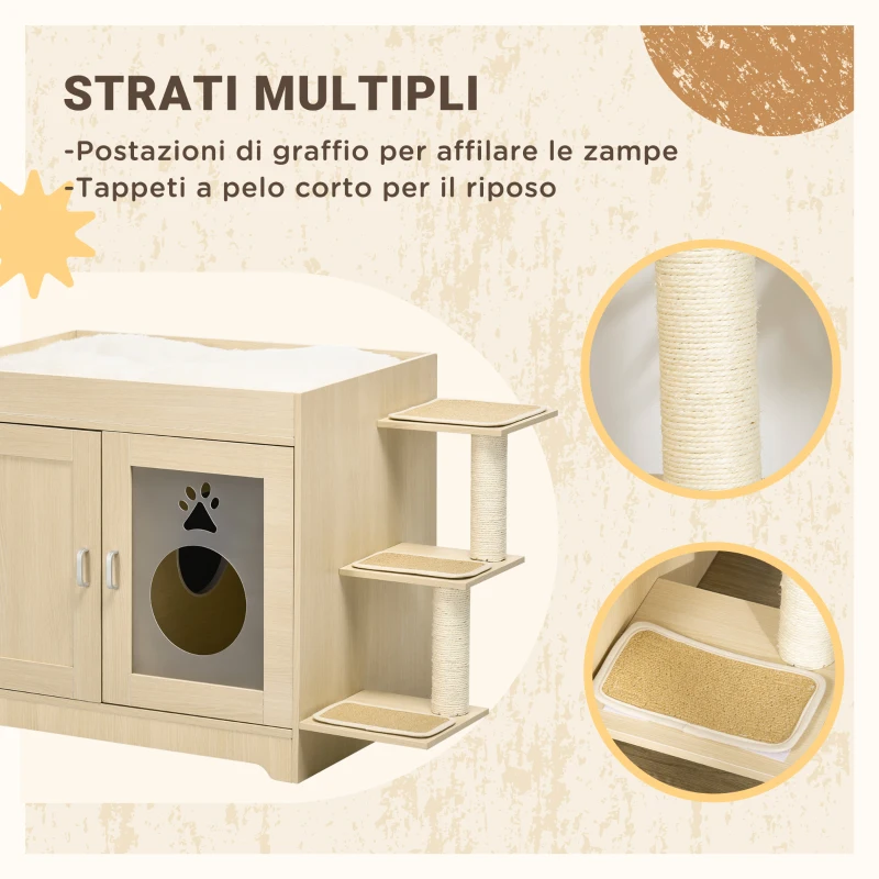 PawHut Mobile per Lettiera Casetta per Gatti con Spazio Portaoggetti e Pali Tiragraffi, in Legno, 107x54x70 cm