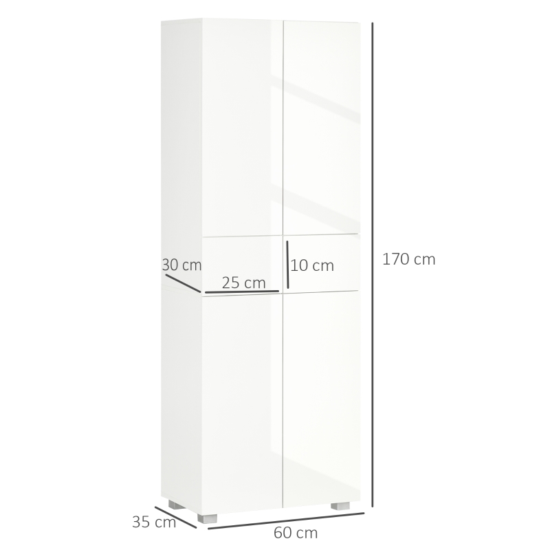 HOMCOM Armoire de cuisine meuble de rangement buffet 4 portes avec étagères réglables - dim. 60L x 35l x 170H cm blanc laqué(m-3)