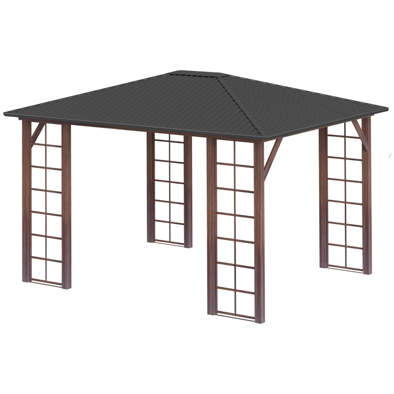 Outsunny Tonnelle pavillon de jardin avec toit rigide 364 x 299 x 280 cm structure en métal marron gris
