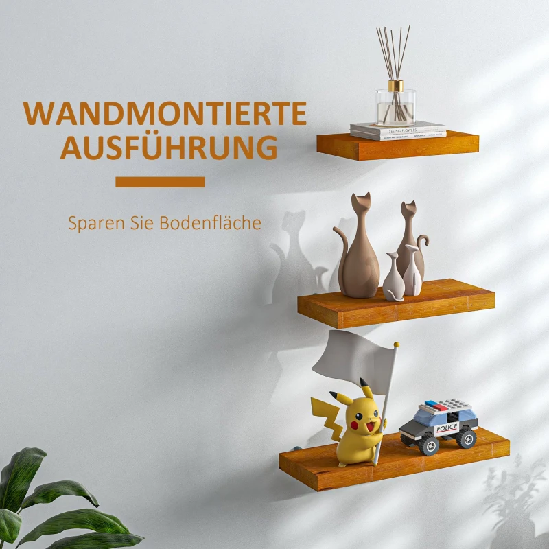 HOMCOM 3-er Set Wandregale Schweberegal Wandregal, 50 cm x 18 cm x 3,6 cm, Kiefernholz, Braun