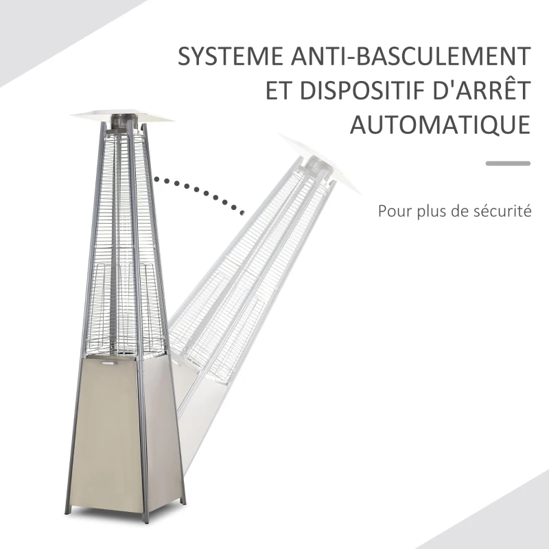 Outsunny Parasol Chauffant Pyramide 10,5 KW - Chauffage d'extérieur gaz - Chauffage de terrasse - Double sécurité - Puissance réglable - roulettes, Housse Incluse - Acier INOX. Gris métal