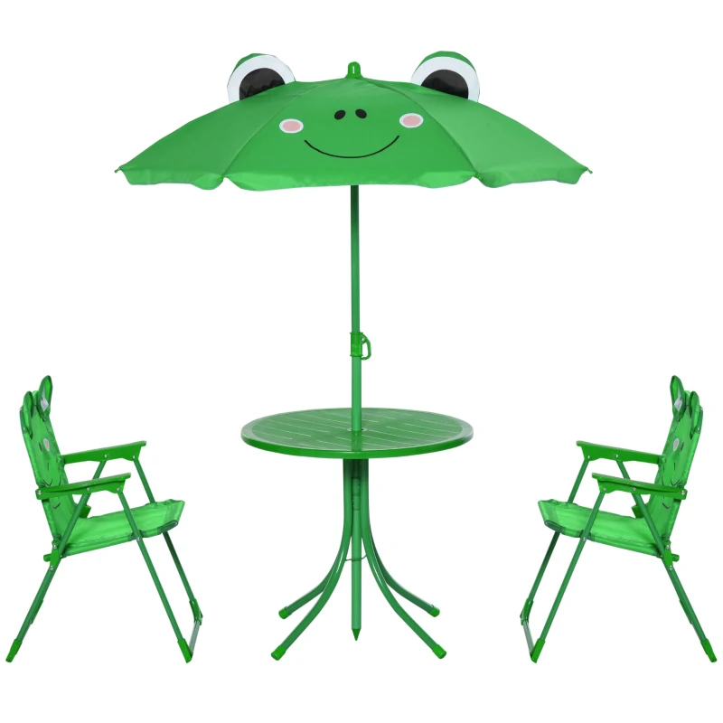 Outsunny Set de Mesa y Sillas Infantil de Jardín Conjunto de Picnic Plegable para Niños Juego de Mesa con Sombrilla Ajustable en Altura de 100-125 cm Diseño de Rana Verde