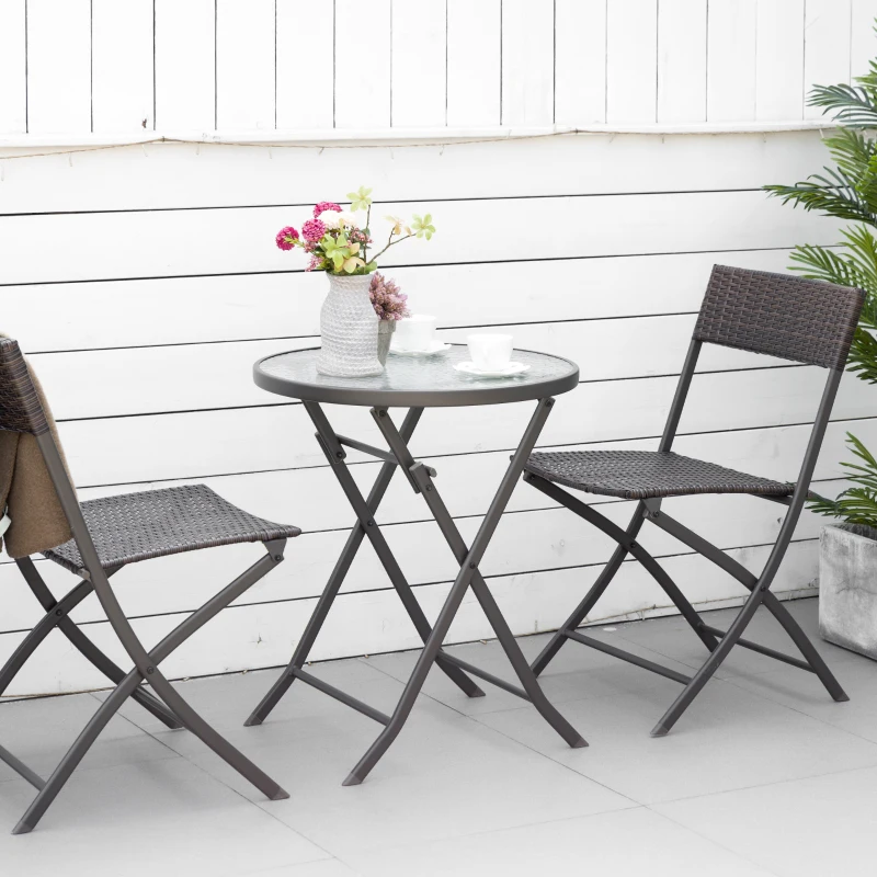 Outsunny Ensemble salon de jardin 2 places table ronde pliable plateau verre trempé chaises pliantes résine tressée chocolat