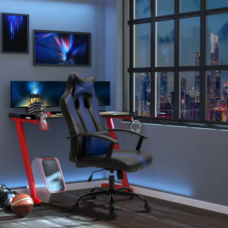 Vinsetto Sedia da Gaming Ergonomica con Cuscino Poggiatesta, Sedia da Ufficio con Lombare Altezza Regolabile e Funzione Dondolo, Nero e Blu, 73 x 64 x 112-122 cm