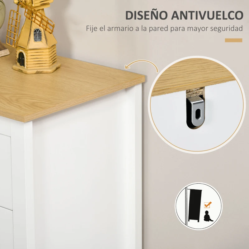 HOMCOM Aparador para Salón Armario Auxiliar con 2 Puertas de Vidrio 3 Cajones Estante Ajustable para Cocina 120x40x70 cm Blanco