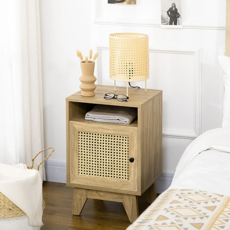 HOMCOM Narrow Rattan Nightstand, Side End Table with Shelf and Cupboard, 39cm x 35cm x 60cm, Natural