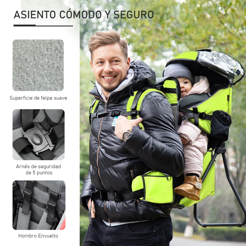 HOMCOM Portador de Bebés con Techo Impermeable Base de Soporte y Múltiples Bolsillos para 6-36 Meses 38x77x87,5 cm Verde Claro