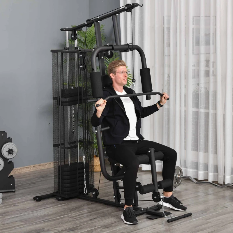 HOMCOM Station de musculation entrainement complet développé couché butterfly barre latissimus curler bande résistance 10 contrepoids 45 kg avec filet de protection acier noir(m-2)