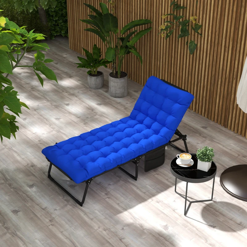 Outsunny Sonnenliege, 4-fach verstellbare Rückenlehne, klappbar, Magazinfach, Kopfkissen, Dunkelblau