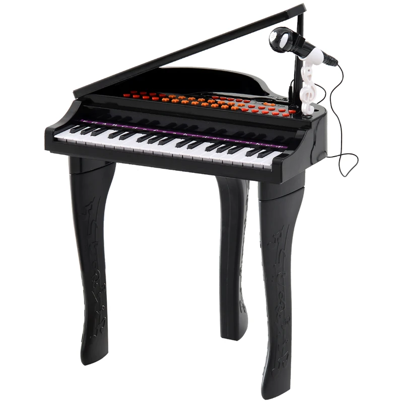 HOMCOM Piano à Queue électronique 37 Touches Multifonctions avec Micro Haut Parleur, tabouret, lumière LED, fonction d'enregistrement et de relecture, instrument de musique enfant 3 à 6 ans Noir