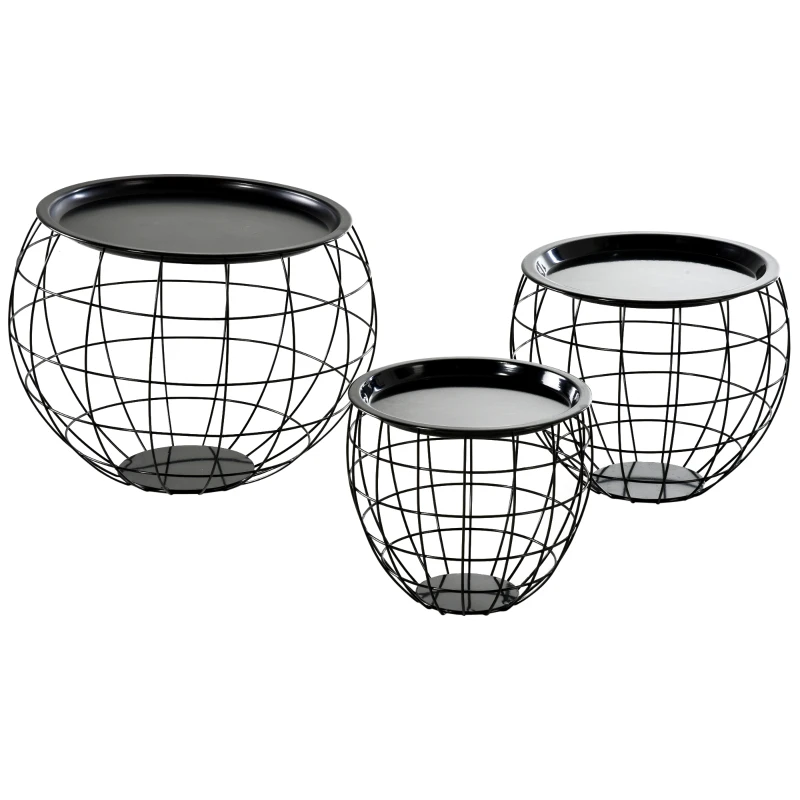 HOMCOM Set 3 Tavolini da Caffè Rotondi con Funzione Contenitore, Design a Griglia in Acciaio Nero, per Salotto o Ufficio