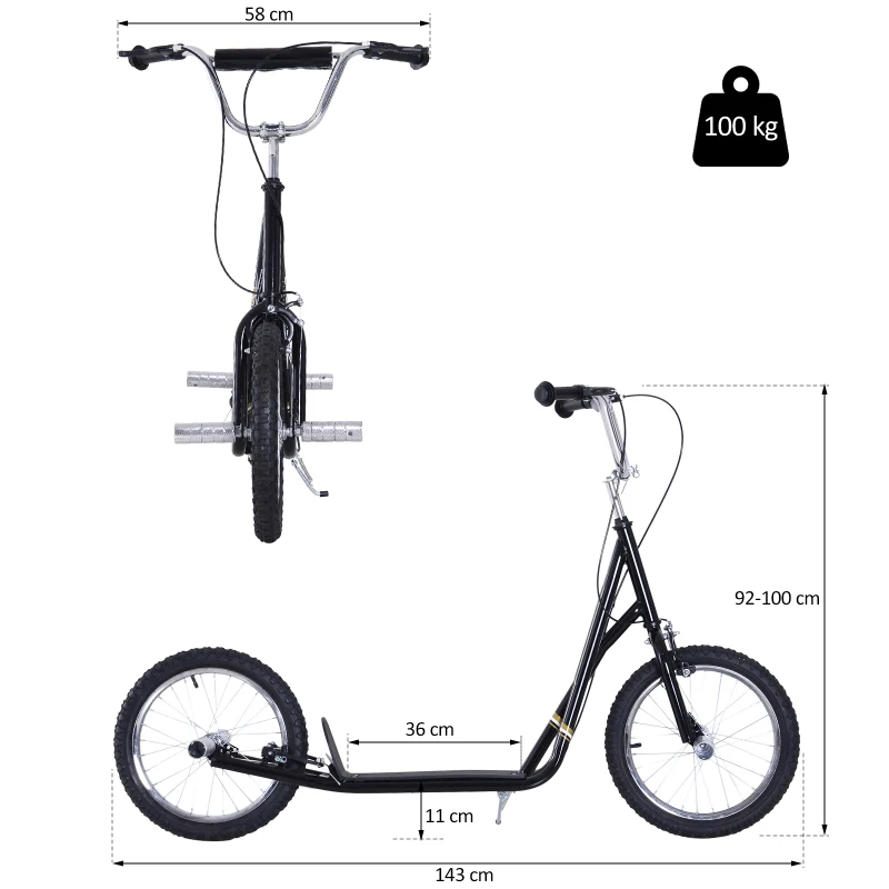 HOMCOM Premium Monopattino Scooter a rotelle 16 pollici Cityroller per bambini e ragazzi, nero