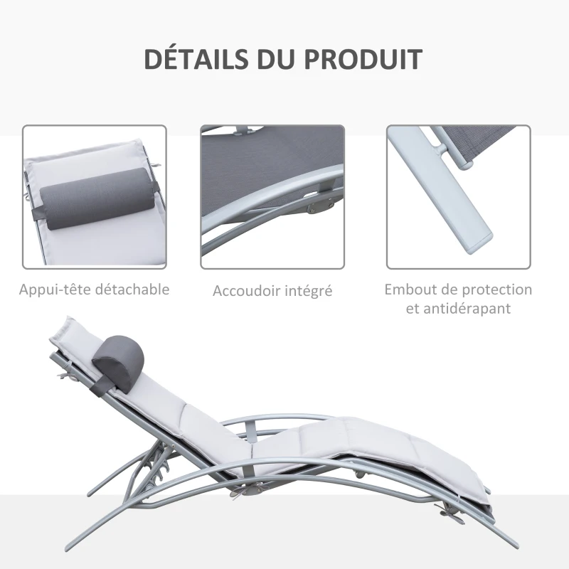 Outsunny Bain de Soleil transat de jardin chaise longue Design Contemporain inclinable Multi-Positions avec Matelas et tétière dim. 170L x 64l x 82H cm alu textilène Gris