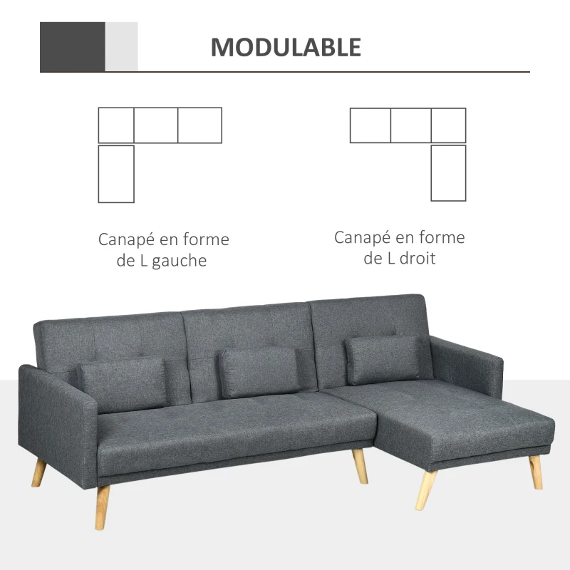 HOMCOM Canapé d'angle convertible avec méridienne 3 places accoudoirs 3 coussins rembourrées 245 x 127 x 83 cm gris