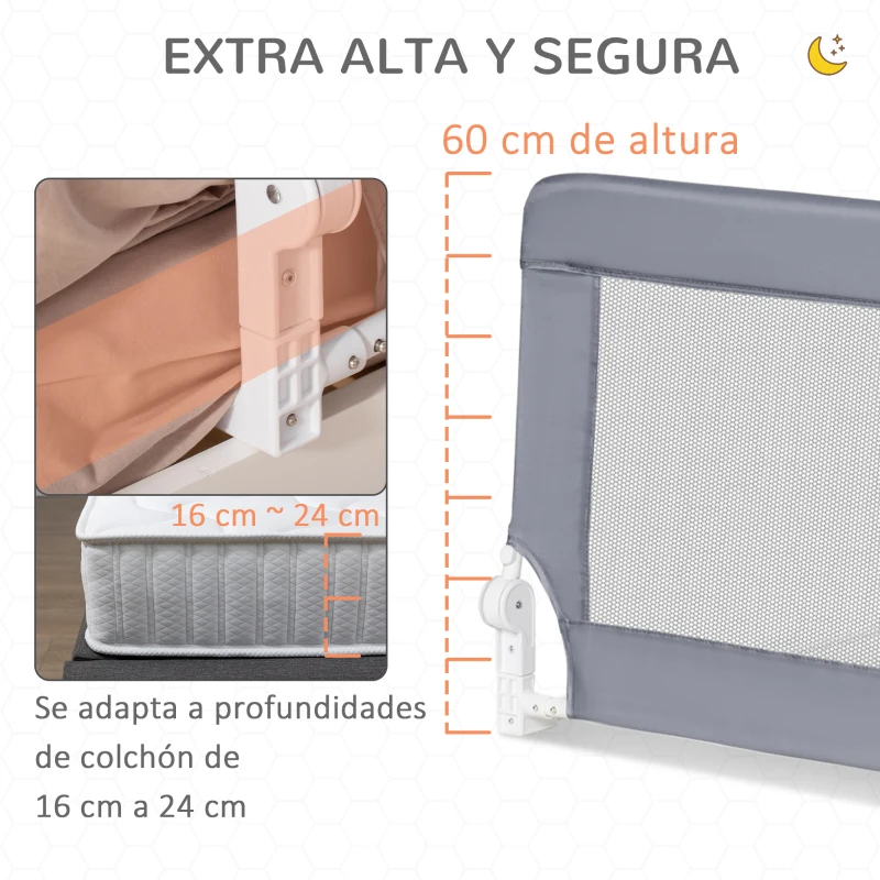 HOMCOM Barrera de Seguridad de Cama para Niños 120 cm con Altura de Cuerda Ajustable Barandilla Abatible Tela Extraíble y Lavable Protección Anticaídas 120x40x60 cm Gris