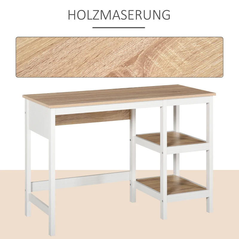 HOMCOM Schreibtisch mit 2 Ebenen Regal, Computertisch, Bürotisch, MDF, Natur+Weiß, 110 x 48 x 76,2 cm