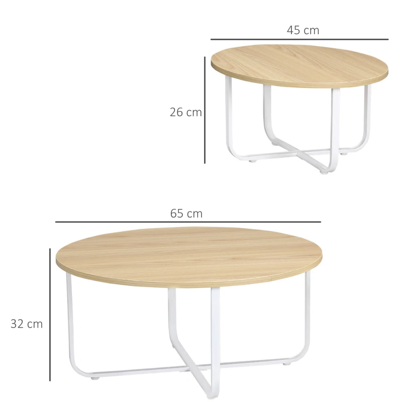 HOMCOM Juego de 2 Mesas de Centro Ø65x32 cm y Ø45x26 cm con Encimera de Madera y Patas de Metal Natural y Blanco