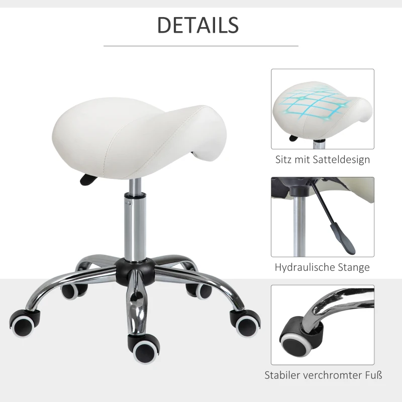 HOMCOM Rollhocker höhenverstellbar Drehhocker 49-61 cm Arbeitshocker drehbar Sattelhocker für Büro Salon Massage Spa Weiß