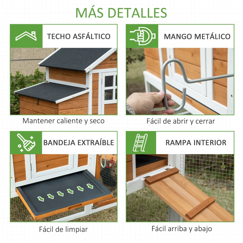 PawHut Gallinero de Madera Exterior Jaula para 2-4 Gallinas de 2 Niveles con Nido Techo Asfáltico Abatible Corral de Alambre Bandeja Extraíble y Rampa 192,7x78,9x111 cm Naranja