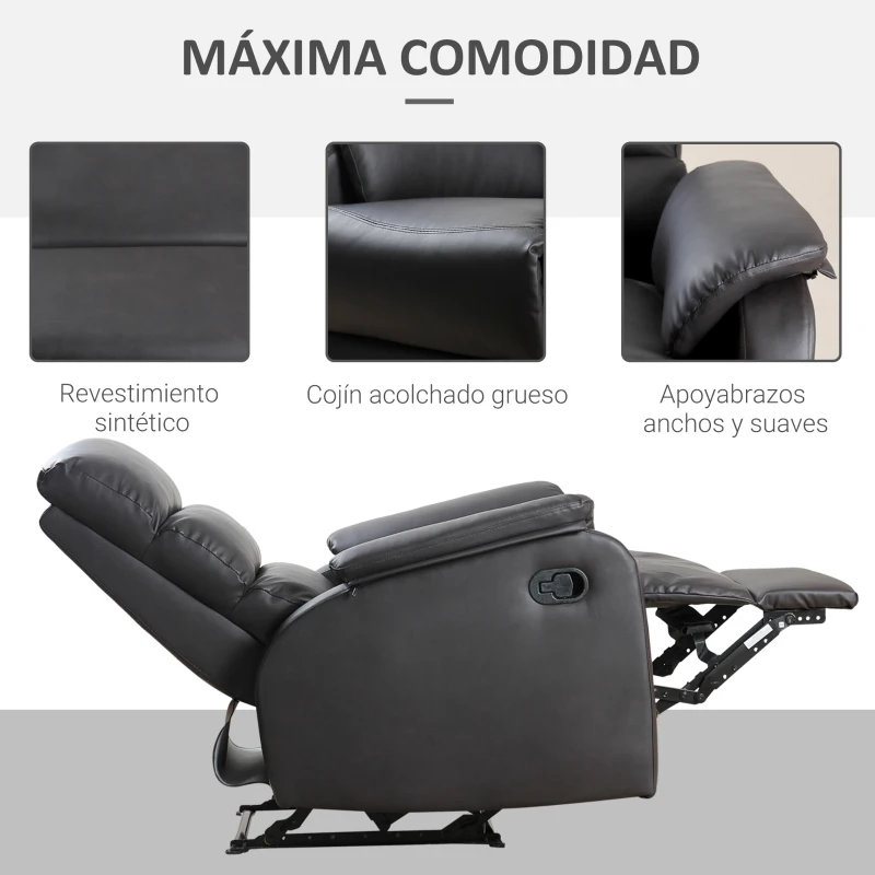HOMCOM Sillón Relax Reclinable Manual Tapizado en PU con Reposapiés Retráctil Asiento y Respaldo Extra Acolchados para Salón Oficina Dormitorio 75x92x99 cm Marrón