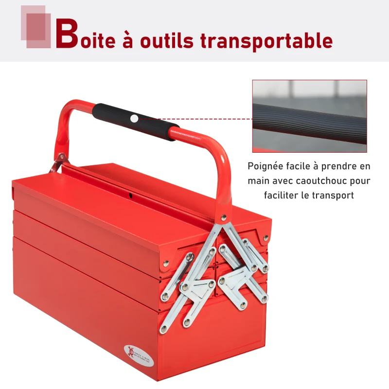 DURHAND Boite à outils métallique - coffret à outils - caisse à outils 3 niveaux 5 plateaux rétractables - tôle acier rouge