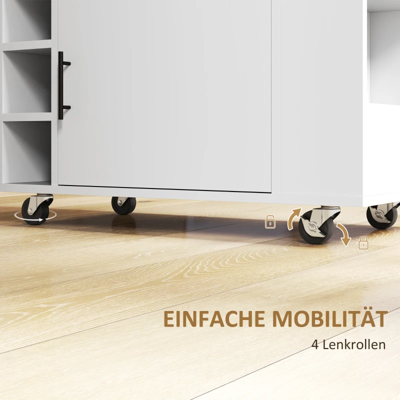 HOMCOM Küchenwagen, Rollbare Kücheninsel, Küchen-Trolley mit Fächern, Weinregalen, Schrank und Arbeitsfläche, Weiß