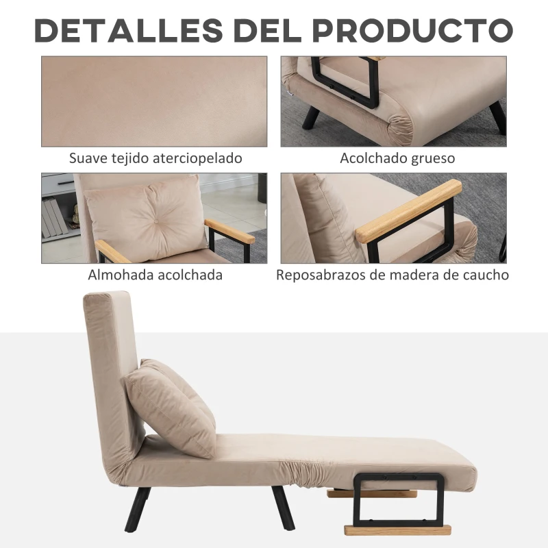 HOMCOM Sofá Cama Individual Plegable Silla Cama Convertible 4 en 1 Respaldo Ajustable de 5 Niveles y Almohada 63x73x81 cm Beige