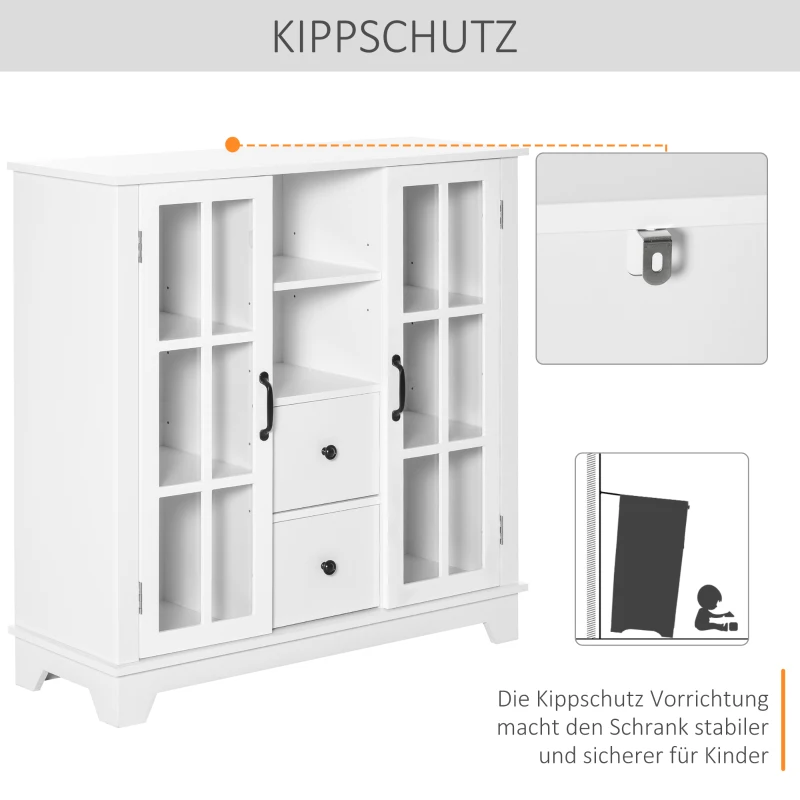 HOMCOM Küchenschrank Sideboard Aufbewahrungsschrank modern elegant mit 2 Schubladen und Glastüren für Esszimmer Wohnzimmer MDF Weiß 100 x 35 x 100 cm