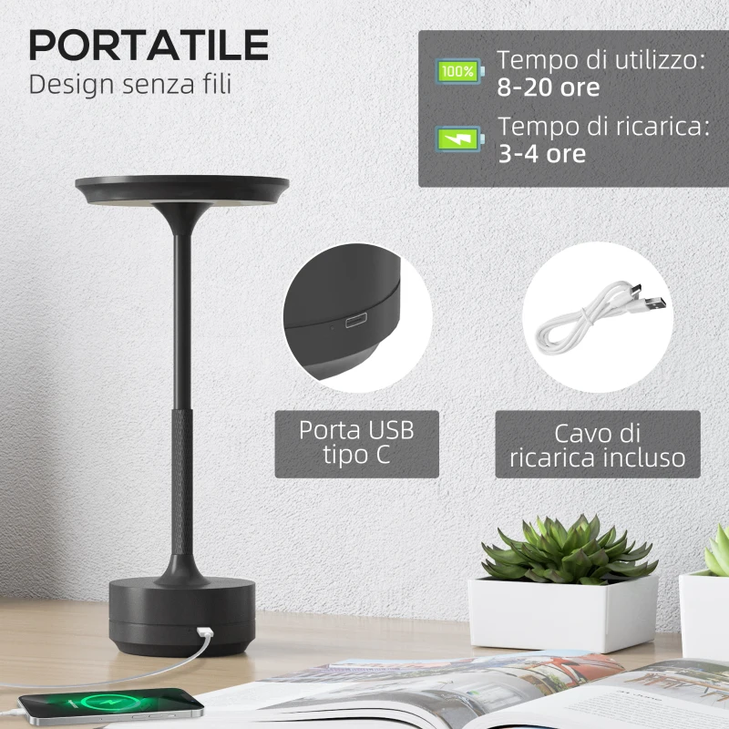 HOMCOM Lampada Senza Filo Touch Luce LED 3 Tonalità e Batteria Ricaricabile, Ø13x28.5cm, Nero