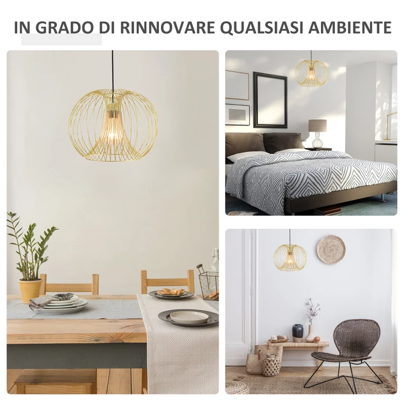 HOMCOM Lampada a Sospensione Altezza Regolabile, Illuminazione Moderna Soggiorno, Cucina, Camera da Letto, Colore Oro