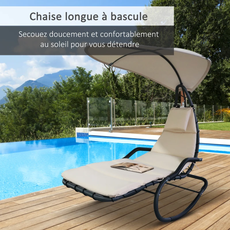 Outsunny Bain de Soleil transat à Bascule Design Contemporain avec Pare-Soleil et Matelas 1,65L x 1,26l x 1,8H m Acier époxy Noir Polyester Beige